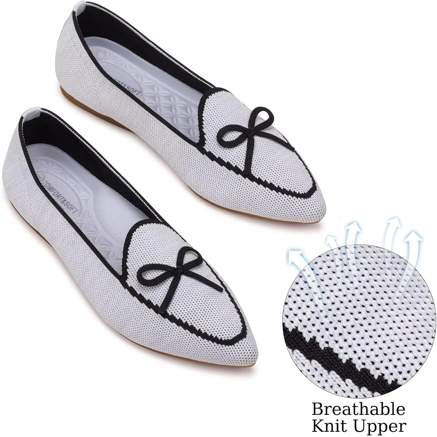 BEJINASH Women's Loafer Flats Casual Knit Fabric Lightweight Dressy Shoes Washable Elegant Pointed-Toe lace-up Bow Shoes Comfortable Ballet Shoes for Women Perfect for Daily