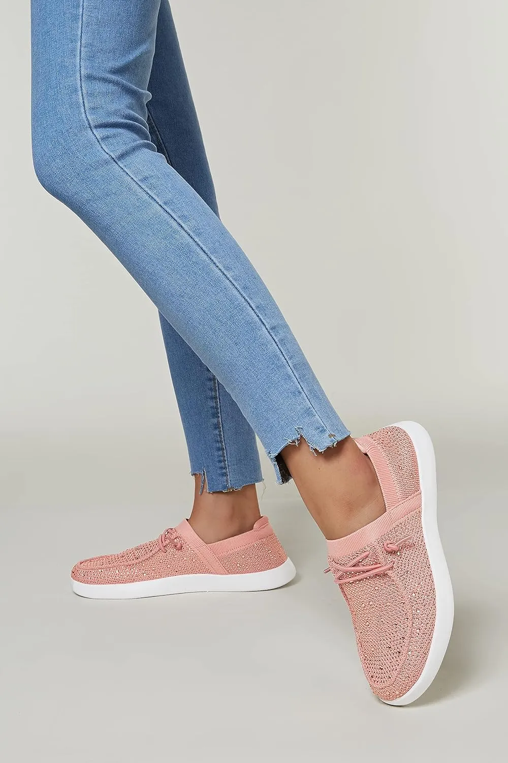 BELOS Women's Rhinestone Lace Up Loafers Shoes Comfortable Slip On Mesh Knit Walking Shoes Fashion Lightweight Sparkly Glitter Sneaker