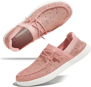 BELOS Women's Rhinestone Lace Up Loafers Shoes Comfortable Slip On Mesh Knit Walking Shoes Fashion Lightweight Sparkly Glitter Sneaker