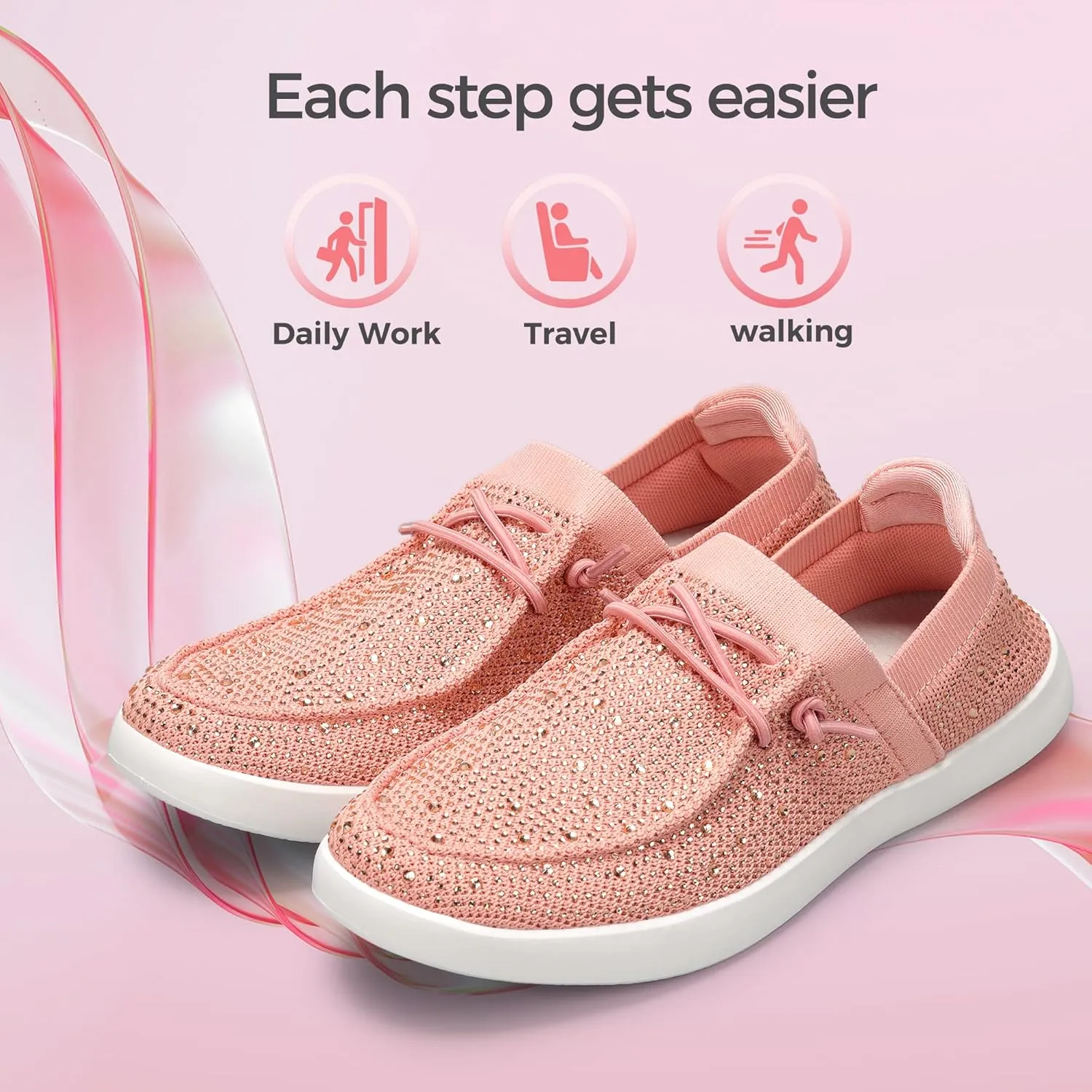 BELOS Women's Rhinestone Lace Up Loafers Shoes Comfortable Slip On Mesh Knit Walking Shoes Fashion Lightweight Sparkly Glitter Sneaker