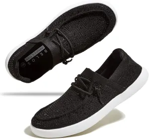 BELOS Women's Rhinestone Lace Up Loafers Shoes Comfortable Slip On Mesh Knit Walking Shoes Fashion Lightweight Sparkly Glitter Sneaker