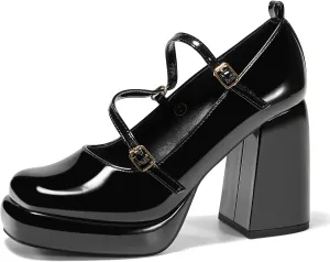 Coutgo Womens Mary Jane Heels Chunky Platform Loafer Shoes Block Heel Closed Square Toe Pumps Cross Strap High Heel Dress Shoes