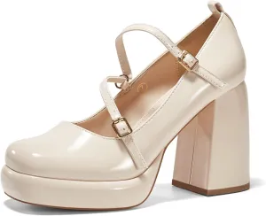 Coutgo Womens Mary Jane Heels Chunky Platform Loafer Shoes Block Heel Closed Square Toe Pumps Cross Strap High Heel Dress Shoes