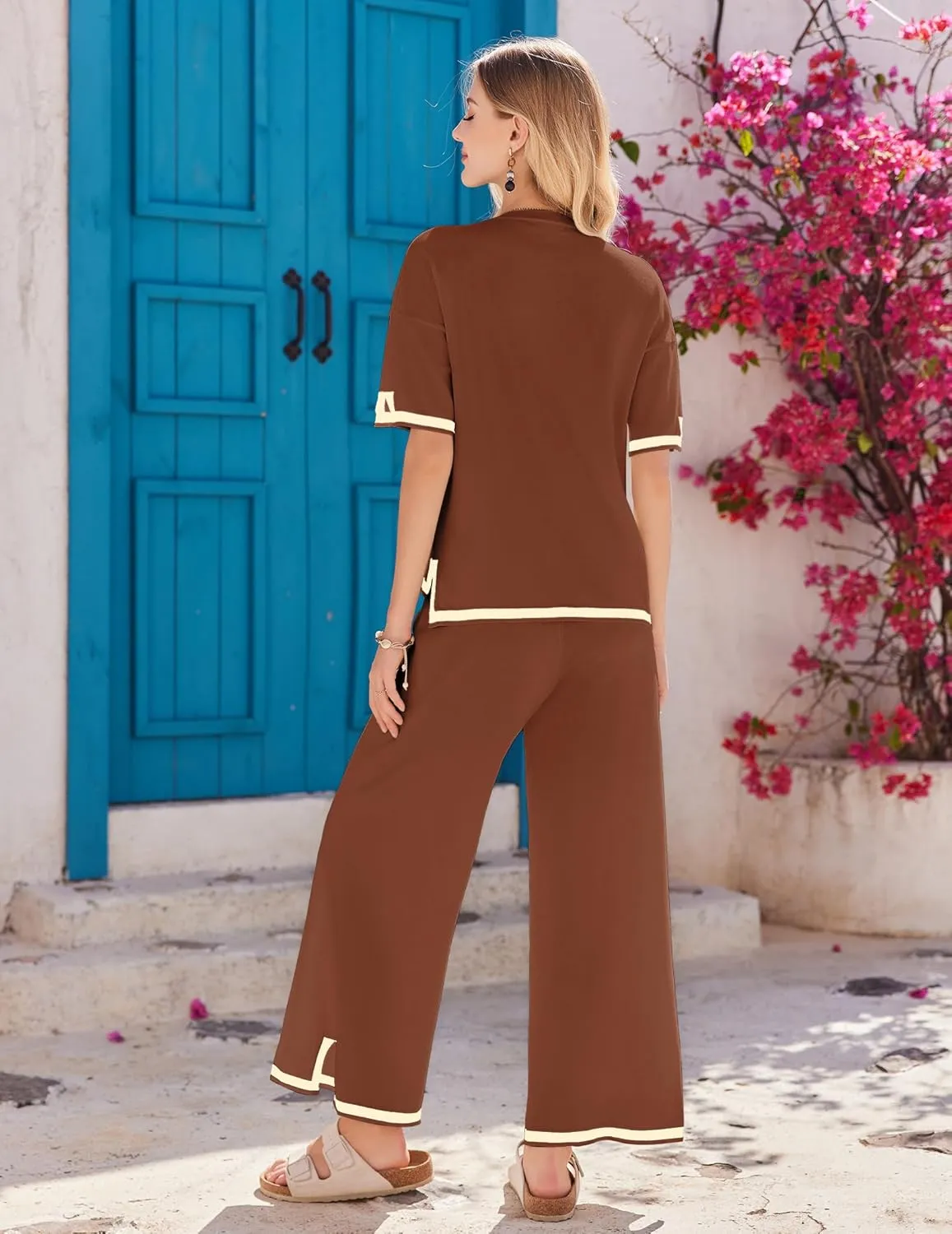 Ekouaer Lounge Set for Women Travel Outfits 2 Piece Sets Short Sleeve Sweater Top Wide Leg Long Pants Loungewear