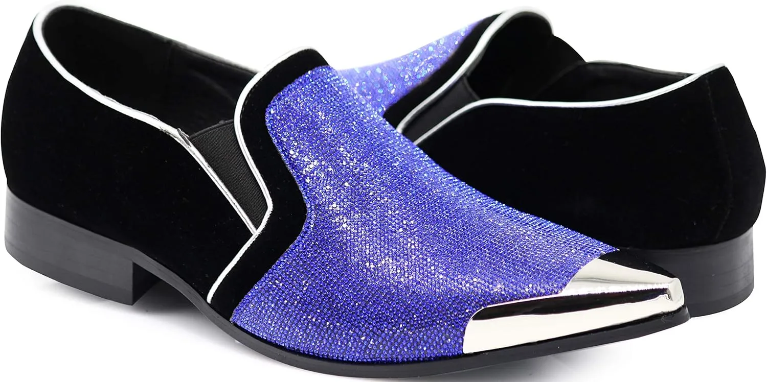 Enzo Romeo Crisiano Men Rhinestone Chrome Toe Suede Pointy Dress Loafer Slip On Shoes