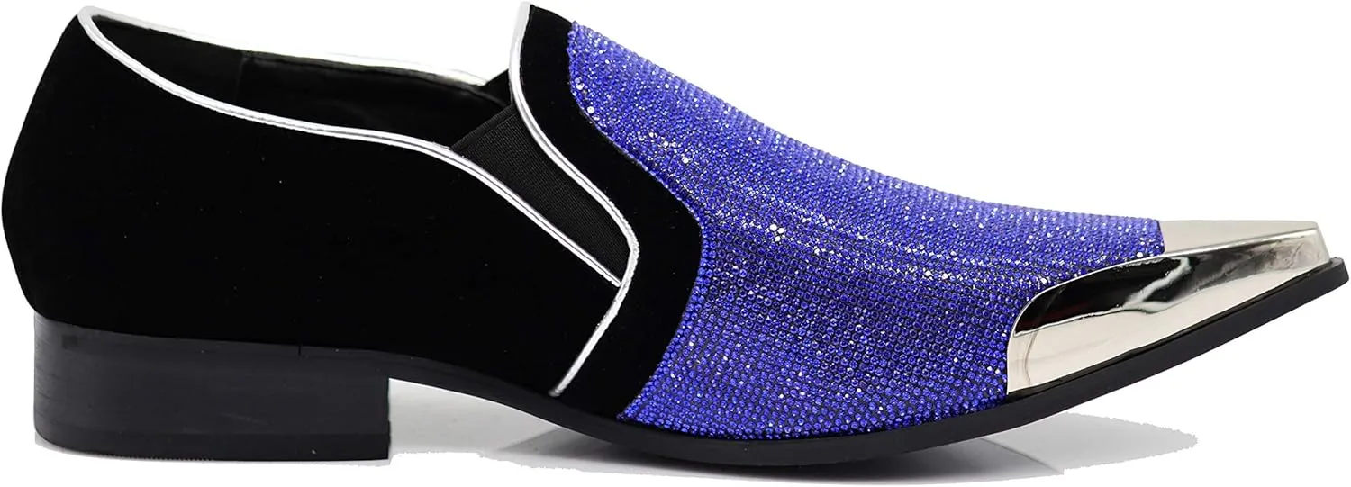 Enzo Romeo Crisiano Men Rhinestone Chrome Toe Suede Pointy Dress Loafer Slip On Shoes