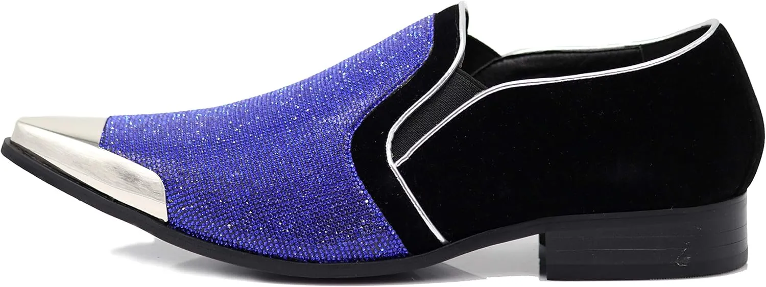 Enzo Romeo Crisiano Men Rhinestone Chrome Toe Suede Pointy Dress Loafer Slip On Shoes