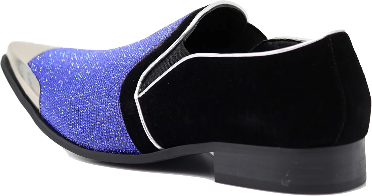 Enzo Romeo Crisiano Men Rhinestone Chrome Toe Suede Pointy Dress Loafer Slip On Shoes