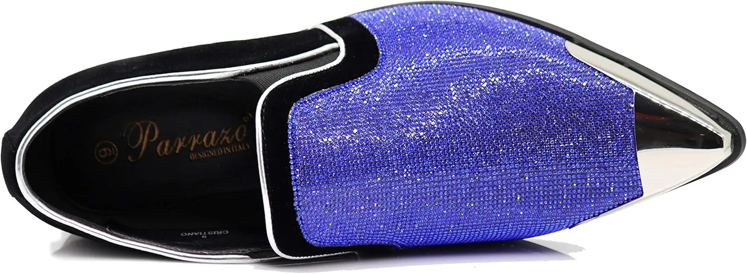 Enzo Romeo Crisiano Men Rhinestone Chrome Toe Suede Pointy Dress Loafer Slip On Shoes