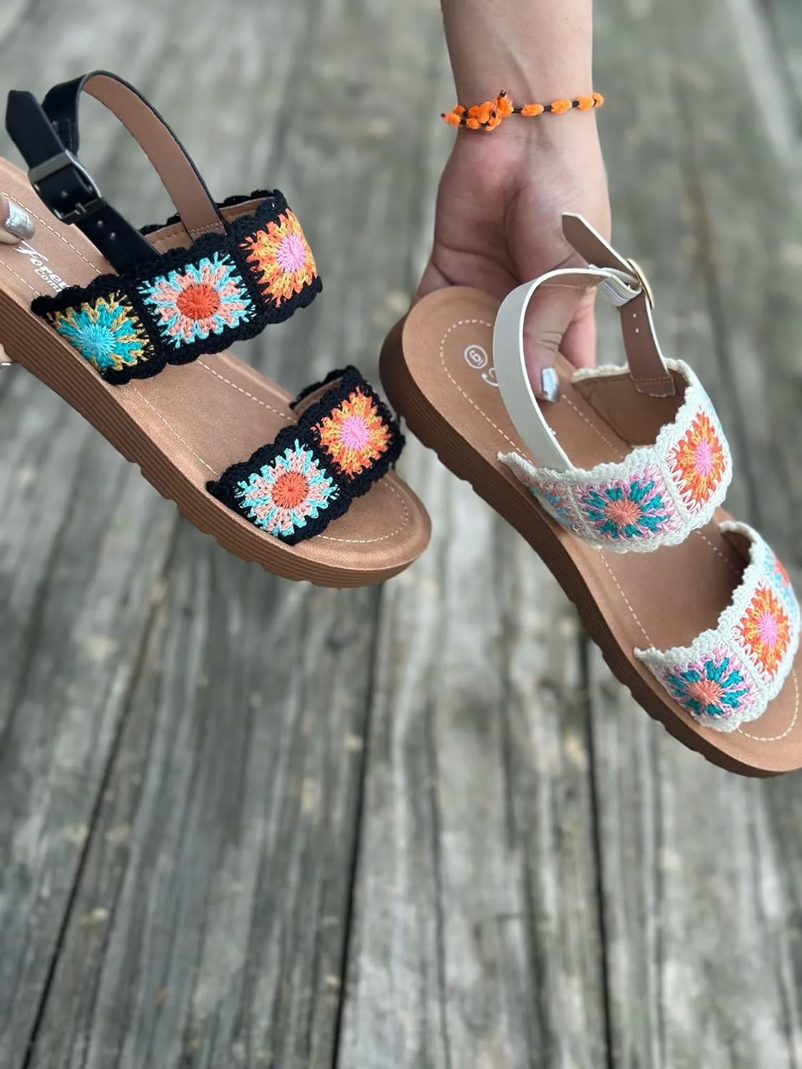 Forever Link Women's Flat Ankle Strap Crochet Sandals