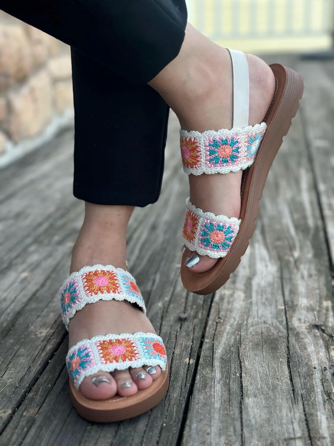 Forever Link Women's Flat Ankle Strap Crochet Sandals