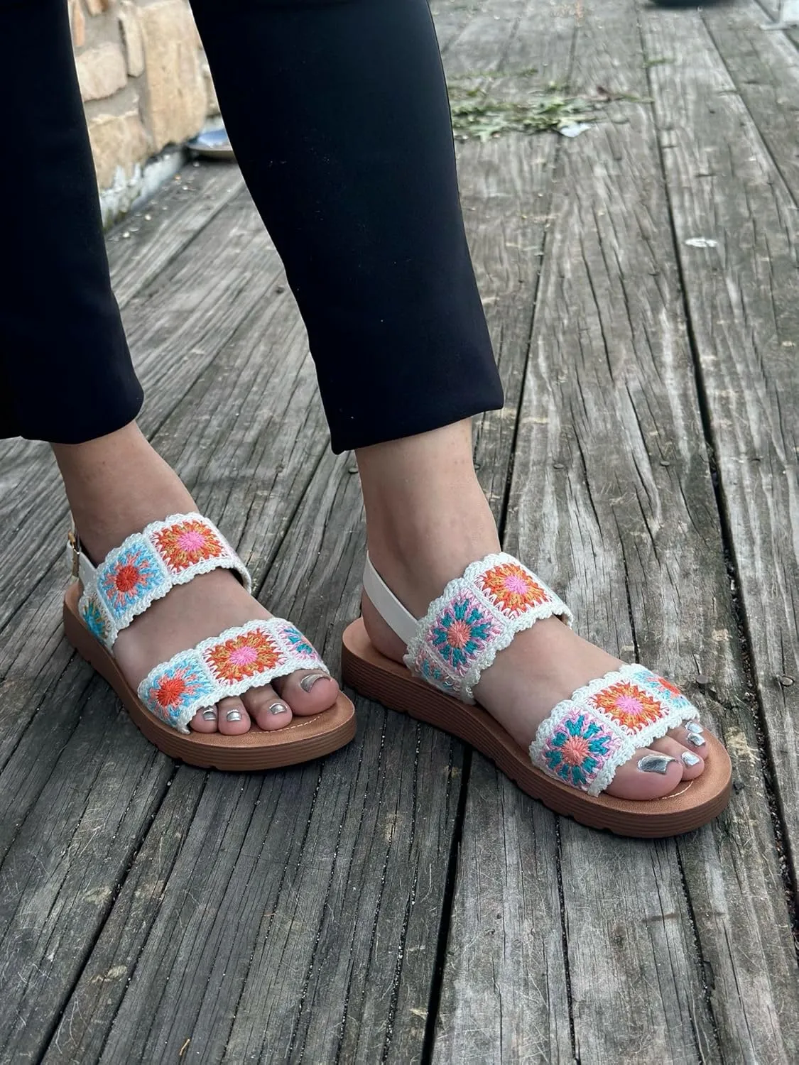 Forever Link Women's Flat Ankle Strap Crochet Sandals