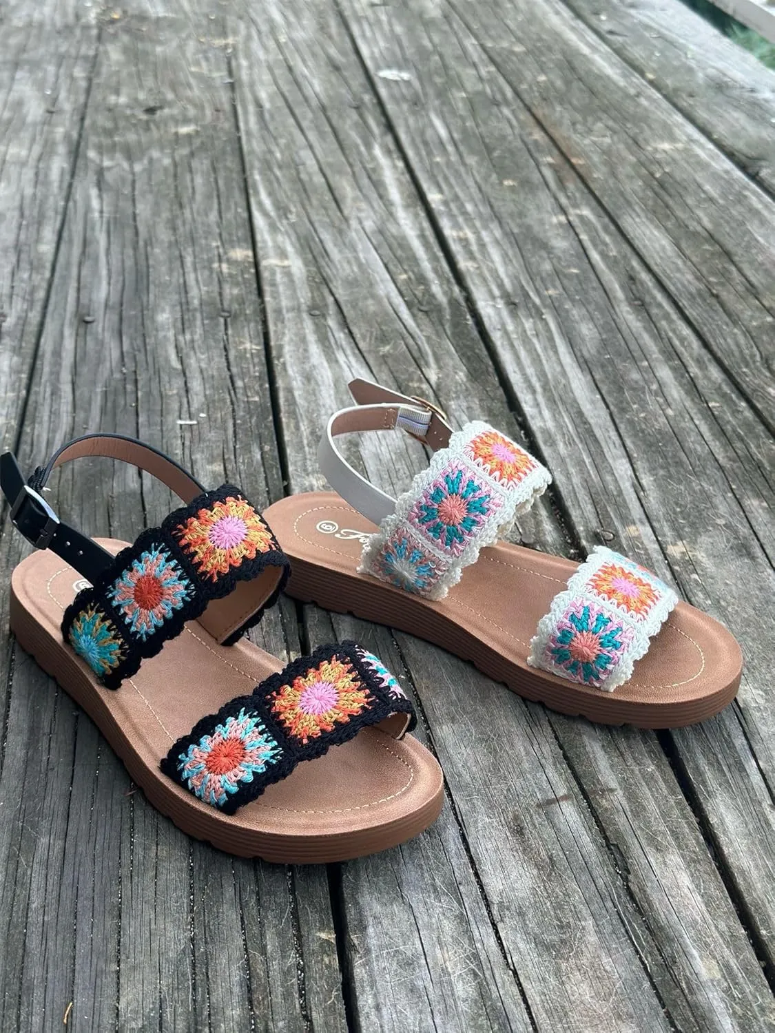 Forever Link Women's Flat Ankle Strap Crochet Sandals