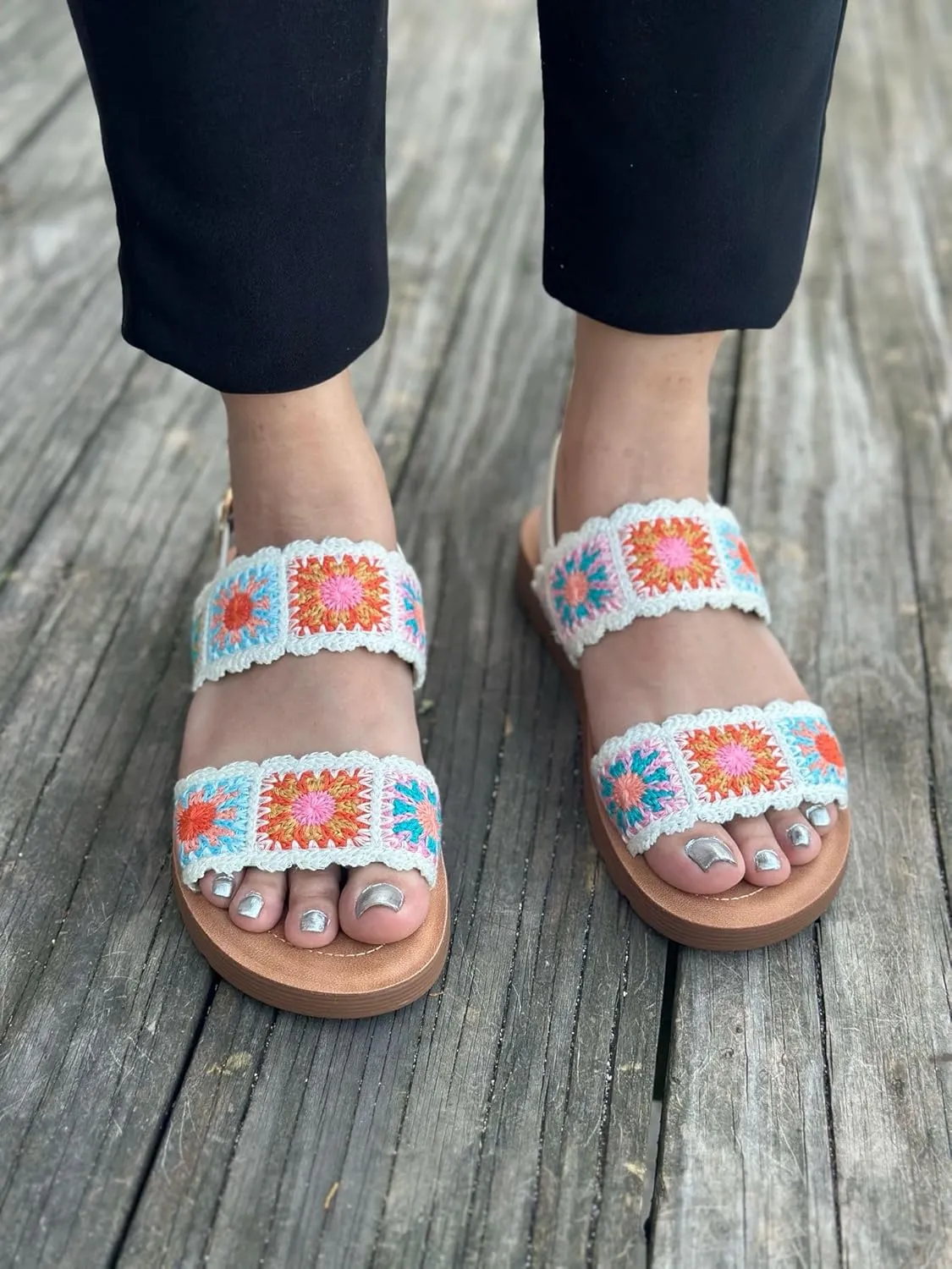 Forever Link Women's Flat Ankle Strap Crochet Sandals