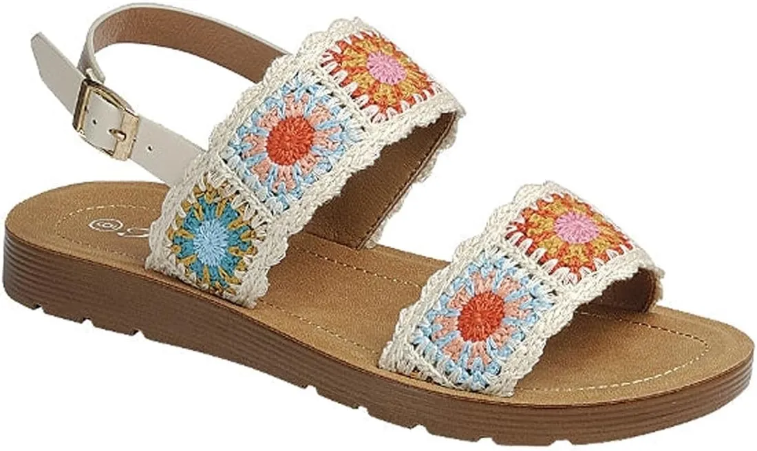 Forever Link Women's Flat Ankle Strap Crochet Sandals