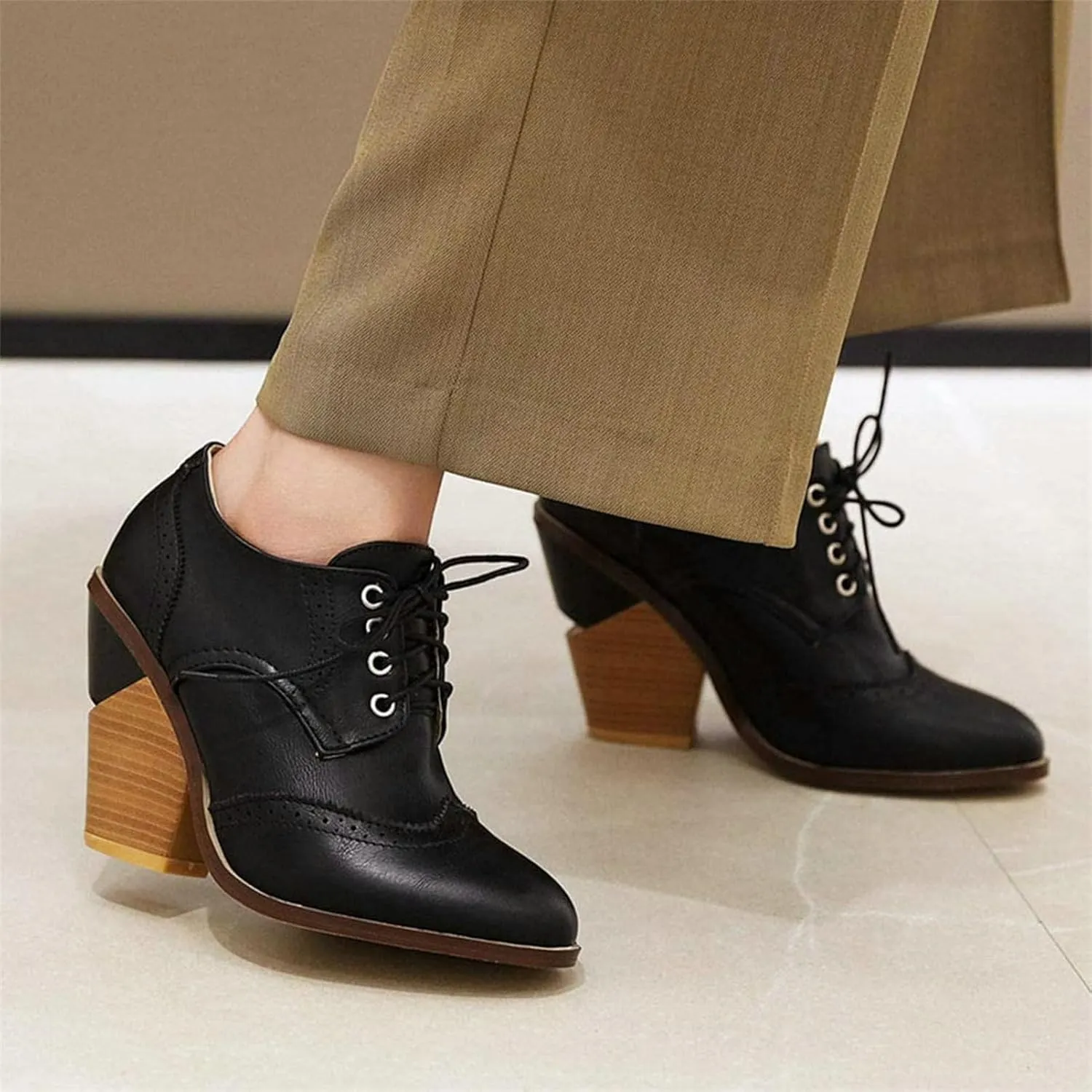 KysBloes Women's Wingtip Oxford Lace Up Shoes Chunky Block Heel Vintage Brogues Classic Closed Toe Saddle Shoes Gift Booties