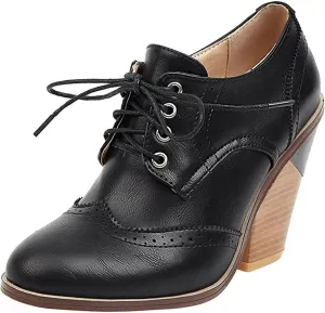 KysBloes Women's Wingtip Oxford Lace Up Shoes Chunky Block Heel Vintage Brogues Classic Closed Toe Saddle Shoes Gift Booties
