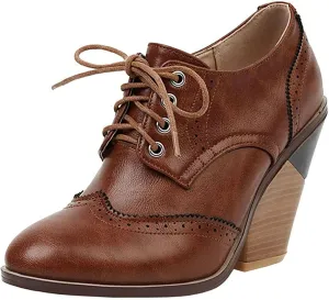 KysBloes Women's Wingtip Oxford Lace Up Shoes Chunky Block Heel Vintage Brogues Classic Closed Toe Saddle Shoes Gift Booties
