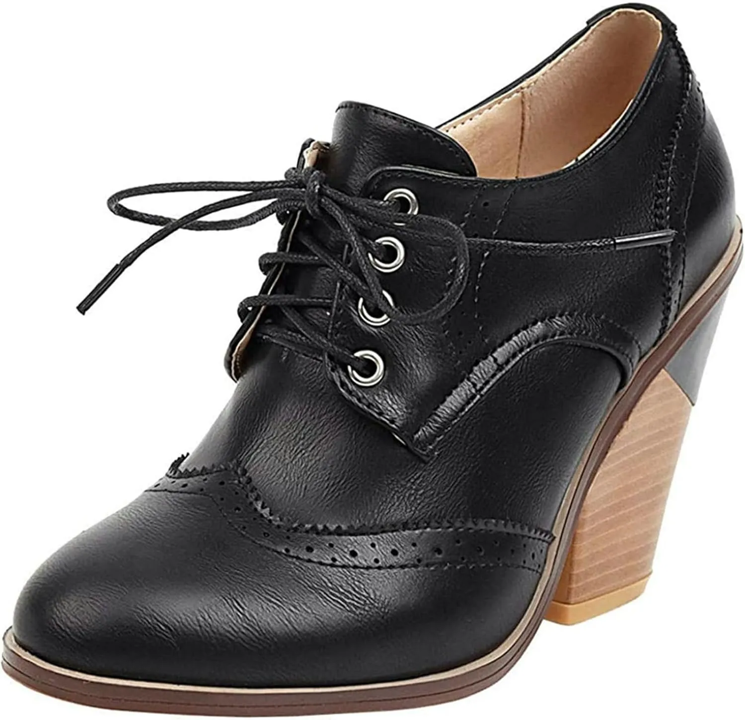 KysBloes Women's Wingtip Oxford Lace Up Shoes Chunky Block Heel Vintage Brogues Classic Closed Toe Saddle Shoes Gift Booties