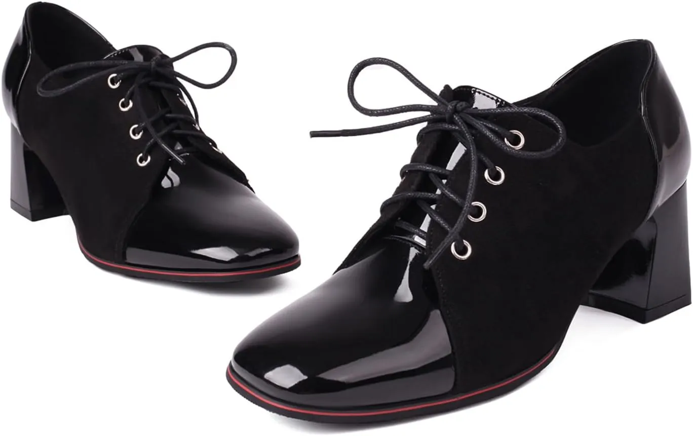 LEHOOR Women Chunky High Heel Oxford Pumps Square Toe Lace Up Loafer Heels Two Tone 3 inch Block Heel Oxford Shoes Patchwork Suede Patent Fashion Casual Walking Party 5-10 M US