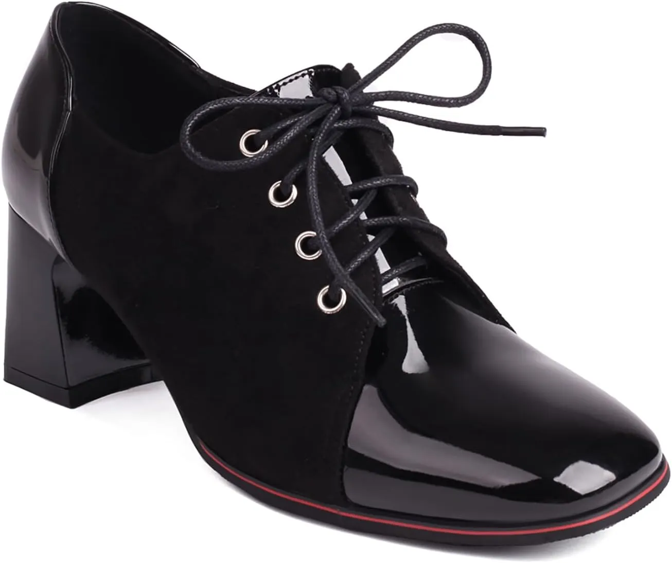 LEHOOR Women Chunky High Heel Oxford Pumps Square Toe Lace Up Loafer Heels Two Tone 3 inch Block Heel Oxford Shoes Patchwork Suede Patent Fashion Casual Walking Party 5-10 M US