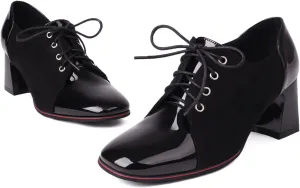LEHOOR Women Chunky High Heel Oxford Pumps Square Toe Lace Up Loafer Heels Two Tone 3 inch Block Heel Oxford Shoes Patchwork Suede Patent Fashion Casual Walking Party 5-10 M US