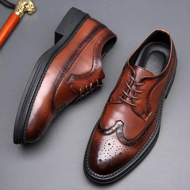 Men's Breathable Leather Wingtip Brogue Oxfords Fashion Classic Carved Lace Up Leather Low Heels Dress Shoes Genuine Cowhide Leather