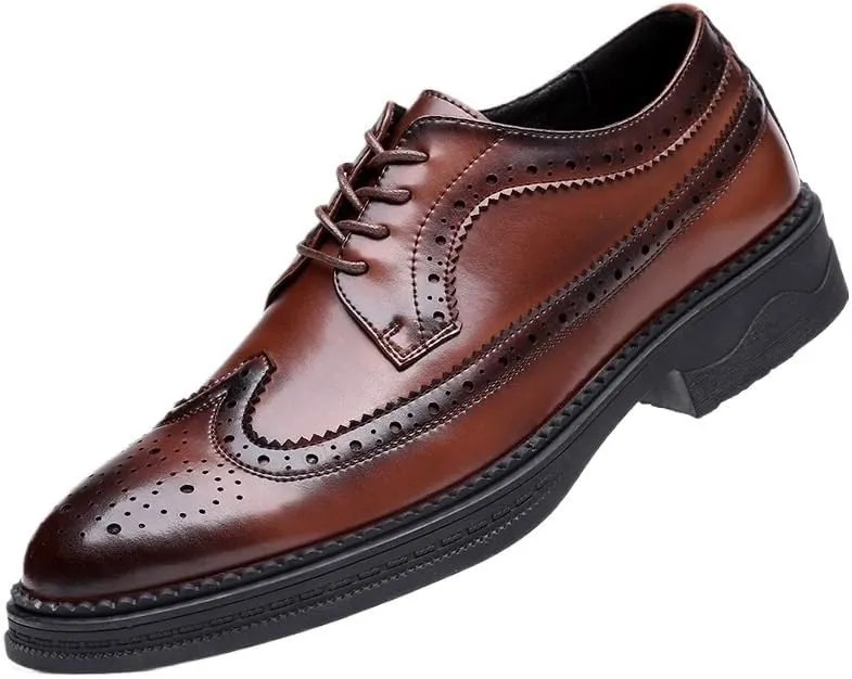 Men's Breathable Leather Wingtip Brogue Oxfords Fashion Classic Carved Lace Up Leather Low Heels Dress Shoes Genuine Cowhide Leather