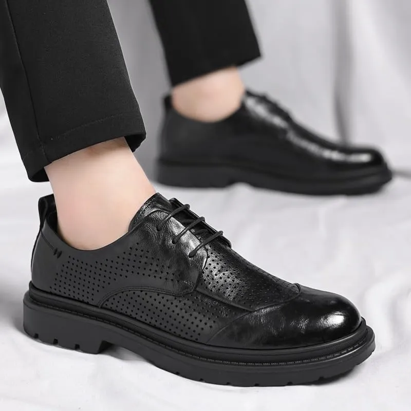 Men's Leather Oxfords Shoes Perforated Lace-Up Formal Dress Shoes for Men