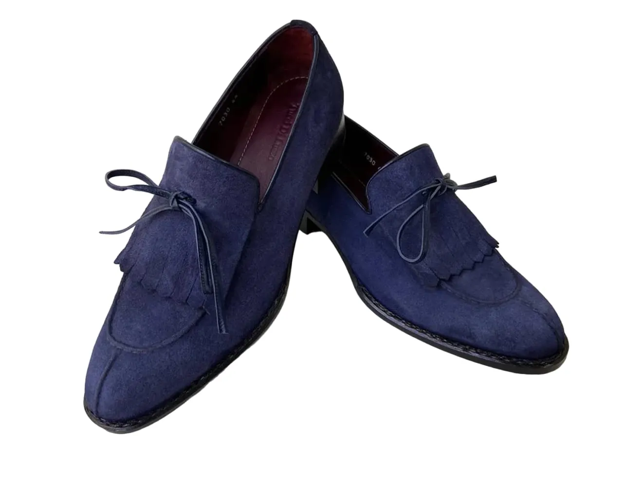 Mens Navy Blue handmade Italian Suede luxury Split Toe Kiltie Loafers (11, Loafers, Blue)