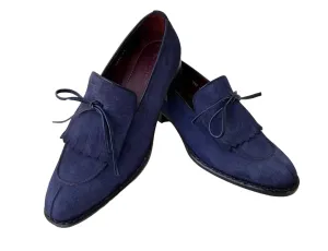 Mens Navy Blue handmade Italian Suede luxury Split Toe Kiltie Loafers (11, Loafers, Blue)