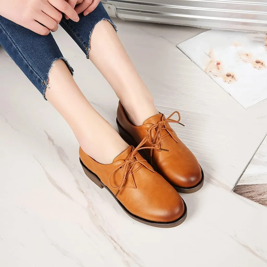 MIOKE Women's Classic Flat Saddle Oxford Shoes Lace Up Wingtip Perforated Low Heel Vintage School Brogues