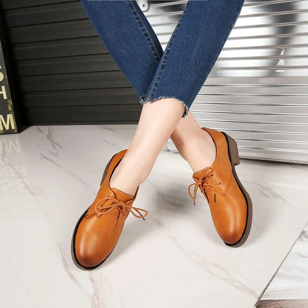 MIOKE Women's Classic Flat Saddle Oxford Shoes Lace Up Wingtip Perforated Low Heel Vintage School Brogues