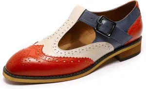 Mona flying Women's Classic Wingtip Oxfords Mary Jane T Strap Flat Leather Shoes for Ladies