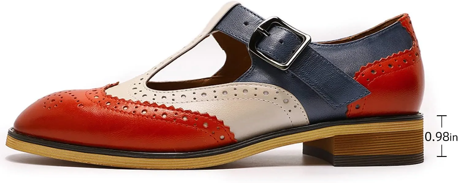 Mona flying Women's Classic Wingtip Oxfords Mary Jane T Strap Flat Leather Shoes for Ladies