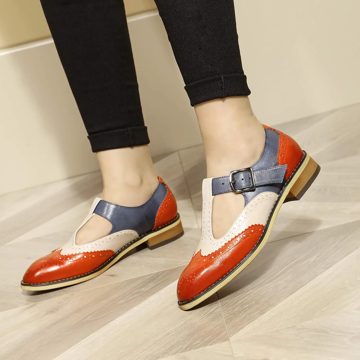 Mona flying Women's Classic Wingtip Oxfords Mary Jane T Strap Flat Leather Shoes for Ladies