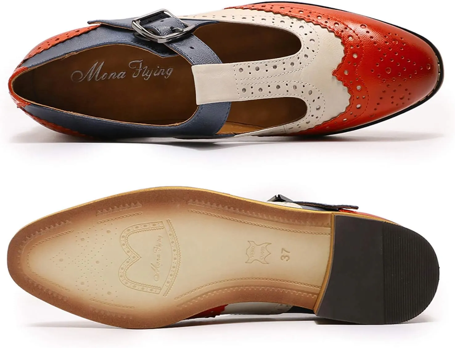 Mona flying Women's Classic Wingtip Oxfords Mary Jane T Strap Flat Leather Shoes for Ladies