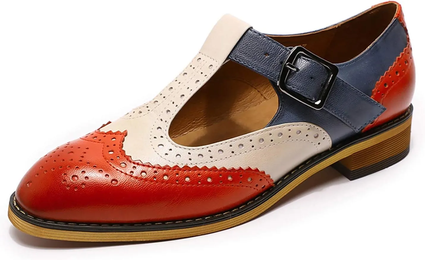 Mona flying Women's Classic Wingtip Oxfords Mary Jane T Strap Flat Leather Shoes for Ladies
