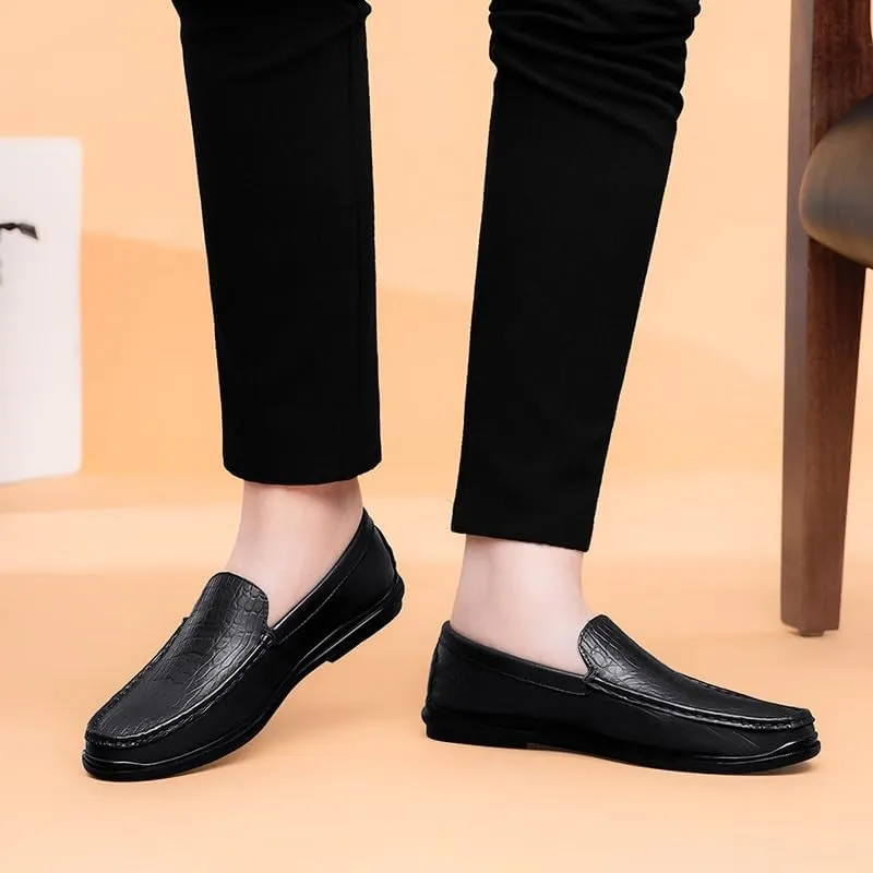 New Mens Loafers Round Toe Genuine Leather Crocodile Print Loafer Shoes Flexible Lightweight Anti-slip Casual Fashion Slip On