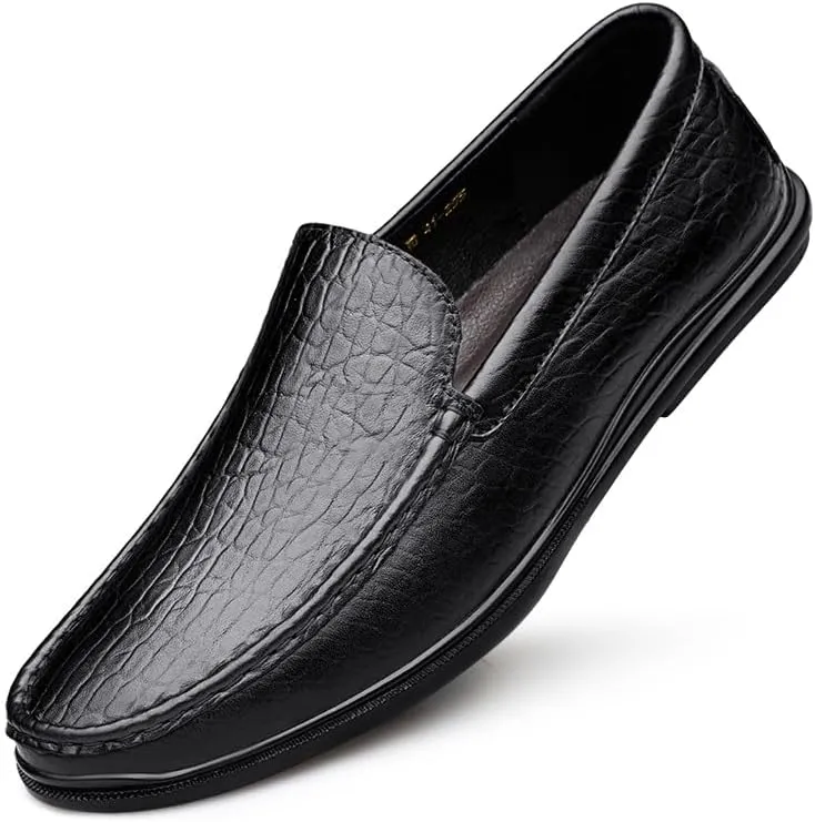 New Mens Loafers Round Toe Genuine Leather Crocodile Print Loafer Shoes Flexible Lightweight Anti-slip Casual Fashion Slip On