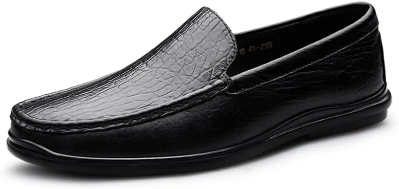 New Mens Loafers Round Toe Genuine Leather Crocodile Print Loafer Shoes Flexible Lightweight Anti-slip Casual Fashion Slip On