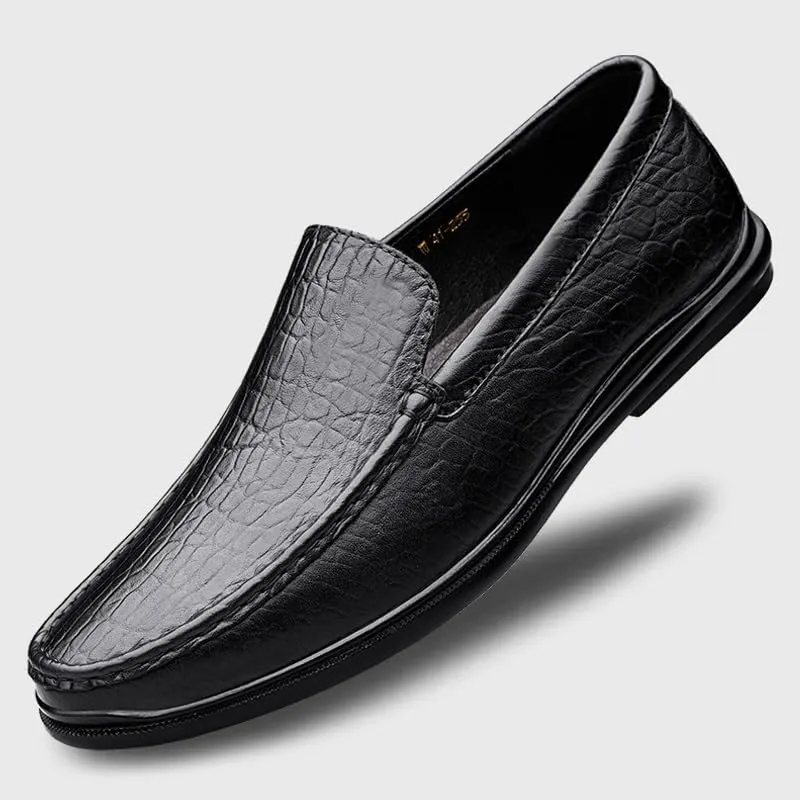 New Mens Loafers Round Toe Genuine Leather Crocodile Print Loafer Shoes Flexible Lightweight Anti-slip Casual Fashion Slip On