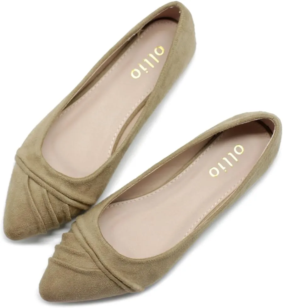 Ollio Women's Shoe Ballet Dress Faux Suede Pleated Pointed Toe Flat
