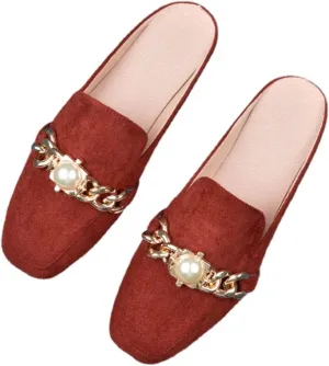 pearlzone Mules for Women Rhinestones Flats Slip on Closed Pointed Toe Loafers Slides Backless Metal Chain Shoes，Womens Rhinestones Mules Casual Shoes