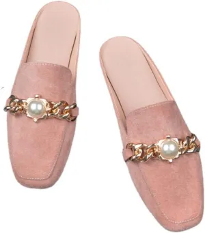 pearlzone Mules for Women Rhinestones Flats Slip on Closed Pointed Toe Loafers Slides Backless Metal Chain Shoes，Womens Rhinestones Mules Casual Shoes