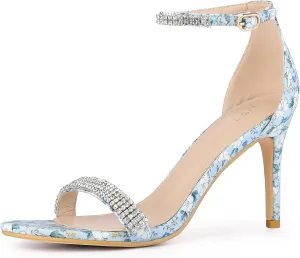 Perphy Rhinestone Strap Floral Print Stiletto Heels Sandals for Women