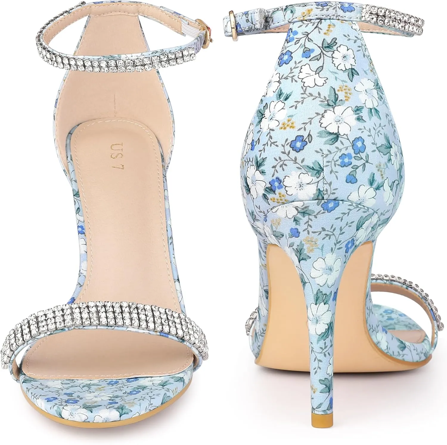 Perphy Rhinestone Strap Floral Print Stiletto Heels Sandals for Women