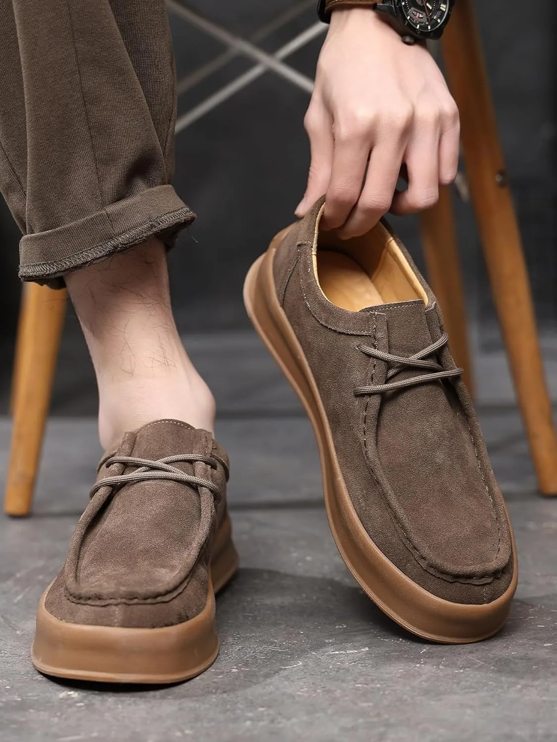 Santimon Men's Suede Leather Lace Up Platform Oxfords Moc Toe Casual Derby Shoes Classic Work Office Business Dress Shoes