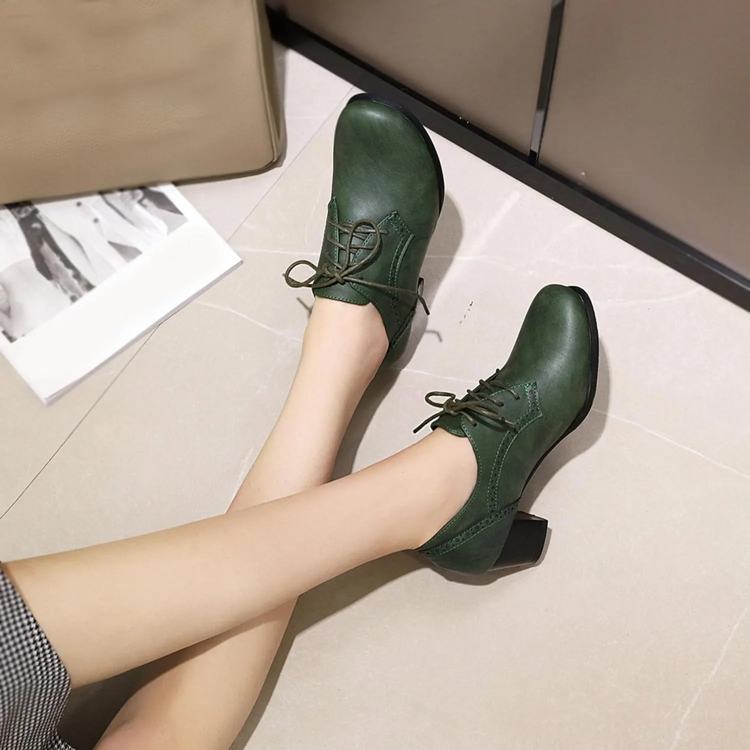 SHEMEE Women's Chunky Mid Heels Oxfords Vintage Round Square Toe Block Heeled Brogues Lace Up Work Offic Dress Shoes