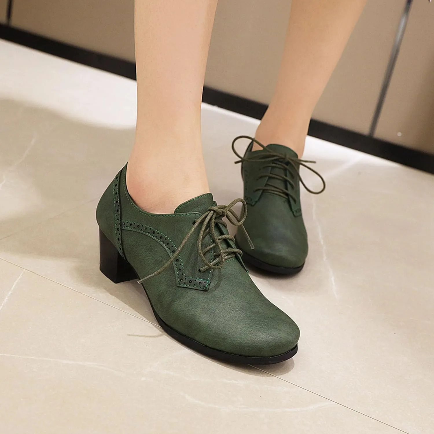 SHEMEE Women's Chunky Mid Heels Oxfords Vintage Round Square Toe Block Heeled Brogues Lace Up Work Offic Dress Shoes